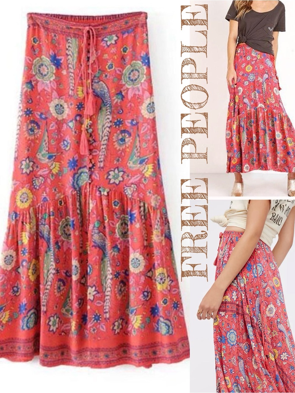 Free People Lovebird Half Moon Maxi Skirt Coral Floral